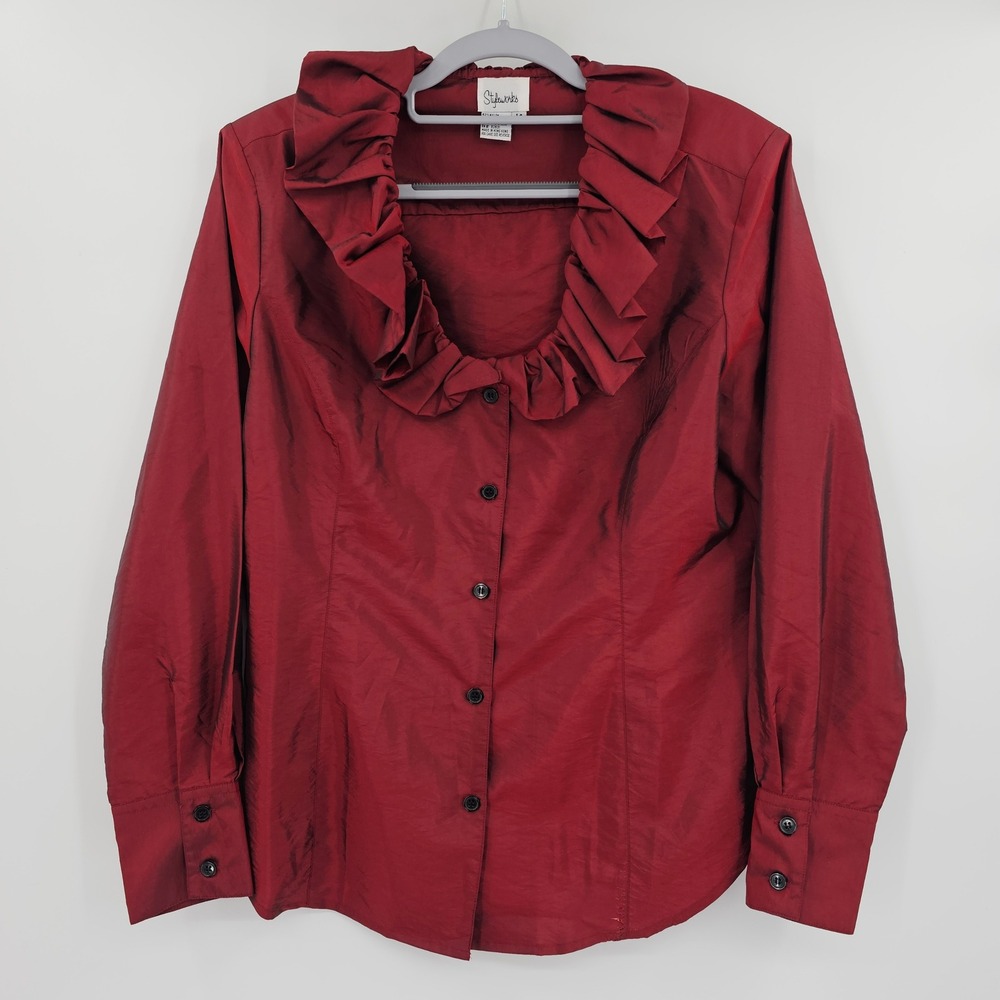 Vintage Styleworks Red Ruffle Neck Button Front Blouse Shimmer Taffeta Top Sz 14